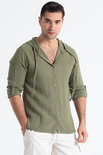 Eliş Şile Bezi Long Sleeve Men's Hooded Summer Muslin Sweatshirt Khaki Hk