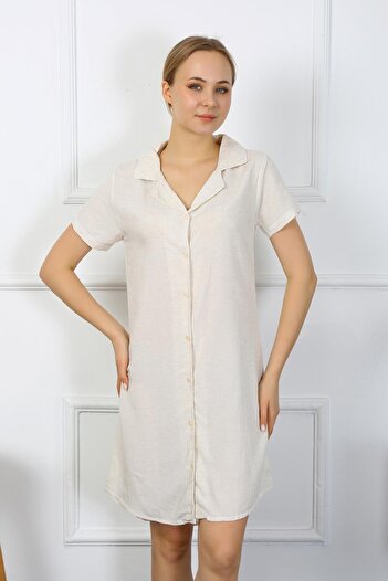 Akbeniz Women's Cotton Linen Short Sleeve Buttoned Cream Tunic Nightgown 13108
