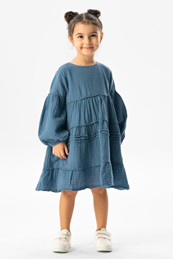 Eliş Şile Bezi Long Sleeve Ilay Summer Muslin Children's Dress Indigo Indg