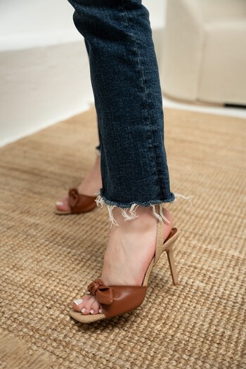 LAMİNTA Cholly Tan Bow Straw Women's Heeled Shoes