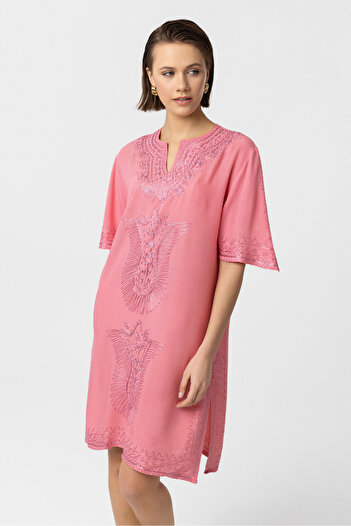 Deriderim Long Sleeve Pink Embroidered Unlined Cotton Short Dress