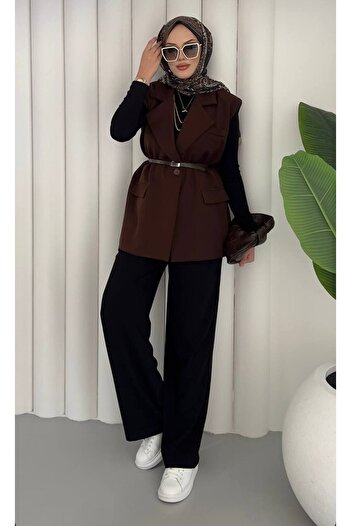 asyadabutik Women's Premium Quality Belted Oversize Blazer Vest