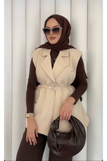 asyadabutik Women's Premium Quality Belted Oversize Blazer Vest