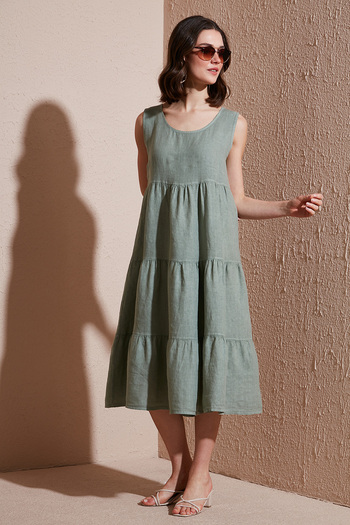 Via Dante Regular Fit Crew Neck Flounce Midi Linen Dress Dress 7202544