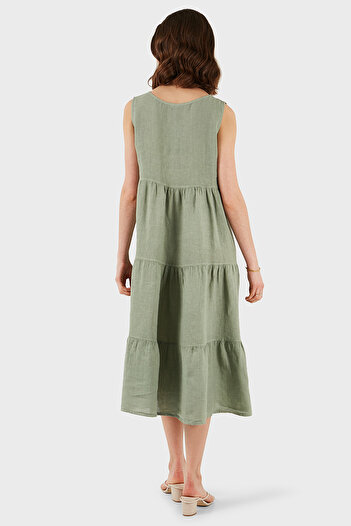 Via Dante Regular Fit Crew Neck Flounce Midi Linen Dress Dress 7202544