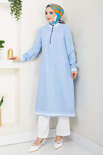 ModaMerve Half Zipper Linen Suit 1724Svl982-M Baby Blue&Ecru