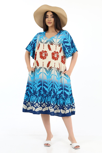 SCHIK Women's Viscose Half Sleeve O Neck Pocket Ruffle Dress Turquoise