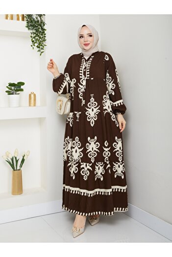 TOKARİS TEKSTİL Φόρεμα Hijab από ύφασμα βισκόζης Loose Fit Καφέ Hijab με έθνικ σχέδιο