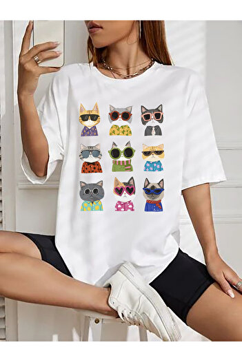 SUNFREE Popular Trend Cat Printed Oversize White Women's Tshirt