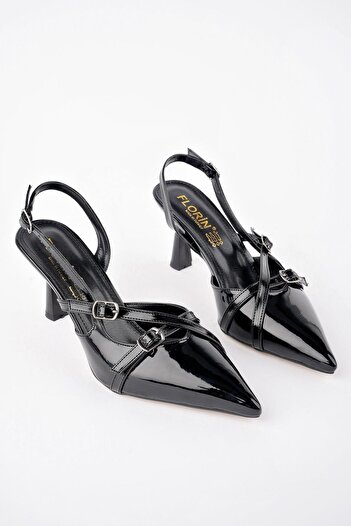 MUGGO Michelle Guaranteed Open Back Belt Detailed Two-Strapped Patent Leather Women's Heeled Shoes
