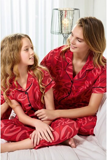 bie's Girl's Masculine Front Buttoned Shirt Collar Cotton Satin Woven Short Sleeve Pajama Set