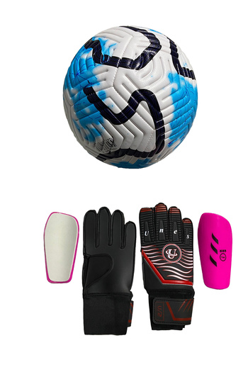 unes 5 No Blue Striped Football Goalkeeper Gloves and Shin Pads Set of 3 (with Pump Gift)