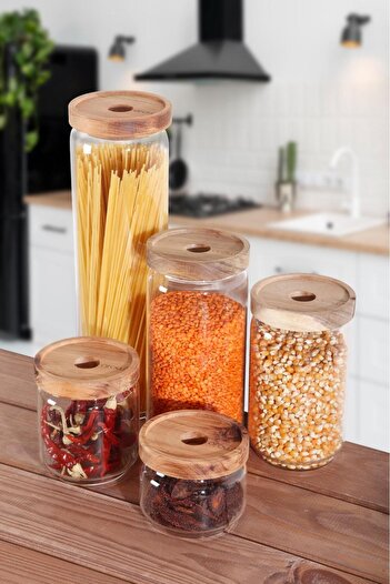 HOMENIVA Set of 5 Acacia Vacuum Lid Borosilicate Glass Jars