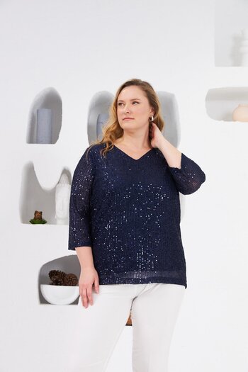RMG Plus Size Lined Sequin Sequin Blouse Navy Blue1
