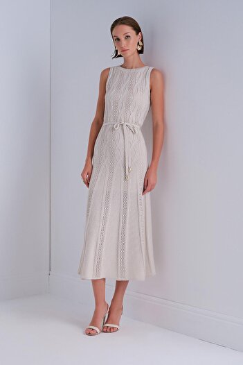 JOIN US Belted Beige Midi Dress with Hair Braid Detail