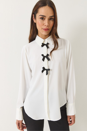 Bianco Lucci Women's Ribbon Detailed Hidden Button Long Sleeve Shirt 5754 60283110