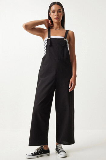 bacc Women's Dark Black Summer Gabardine Gardener Overalls with Front Pocket and Straps