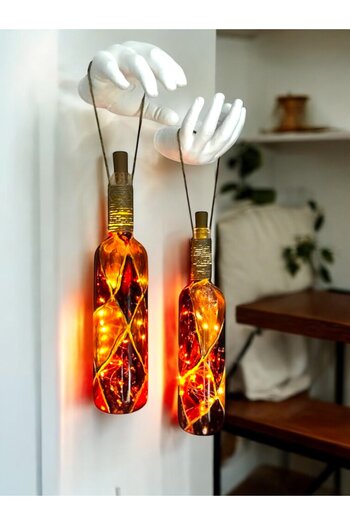 Mes Reves Sculpture Hand Decorated LED Lighted Brown Stained Glass Wine Bottle Sconce Set of 2 Cafe Garden Home Decor