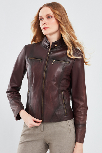 Derimod Alicia Claret Red Short Leather Women's Jacket - 23wge5908nc