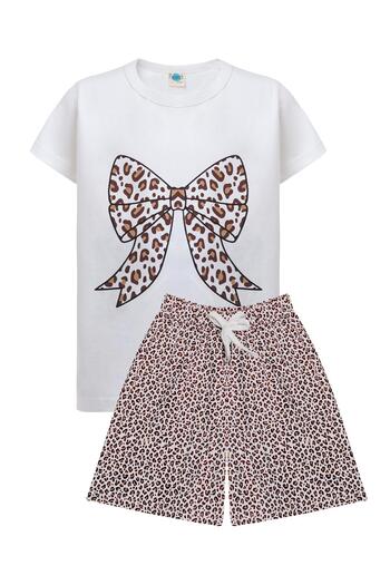 Perendi Leopard Patterned Bow Printed Girl's T-Shirt and Shorts Set Ecru-Brown
