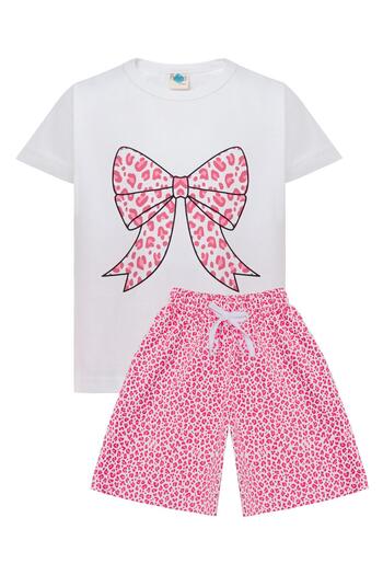 Perendi Leopard Patterned Bow Printed Girl's T-Shirt and Shorts Set Ecru-Pink