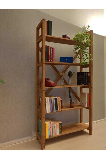 BRK Design AHŞAP Masif Doğal Ahşap 5 Raflı Çok Amaçlı Kitaplık BOYALI CEVİZ