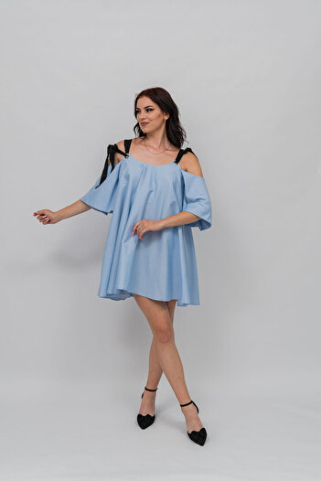 Gorgeaux Rochie Albastra Cu Maneci Decupate Iris - ONE SIZE