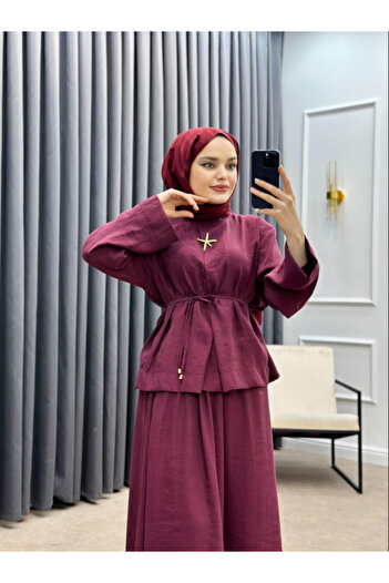 Molly Nelly Women's Thin Brooch Detailed Blouse Skirt Modal Burgundy Set