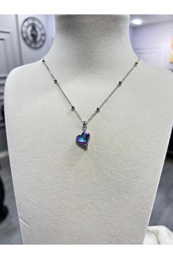 Store Purple Crystal Stone Heart Necklace with Steel Ball Chain Valentine's Day Birthday