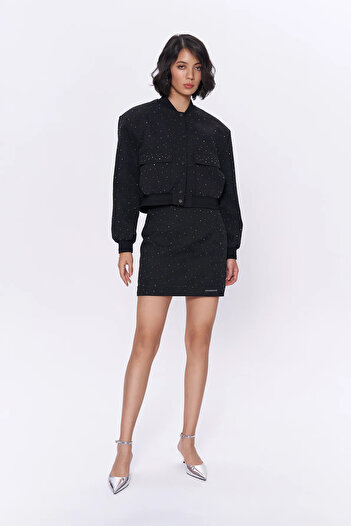 Quzu Black Mini Skirt - Shiny Stone Detail