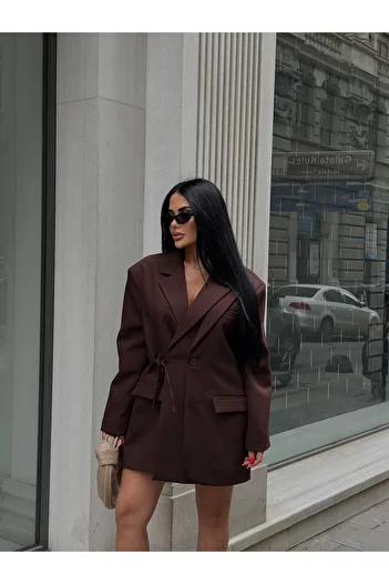 LB Laluna Butik Jachetă blazer maro cu design special pentru femei, cu legături laterale