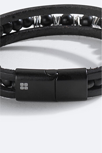 Avva Men's Black Leather and Hematite Stone Bracelet A51Y9600