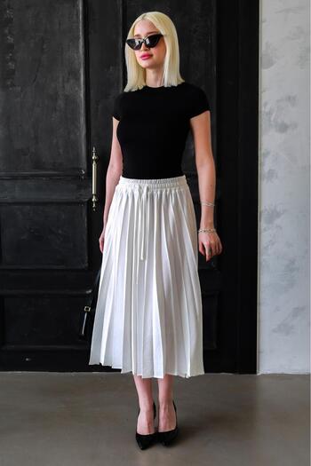 Madmext Ecru Pleated Midi Length Women's Skirt Mg2393