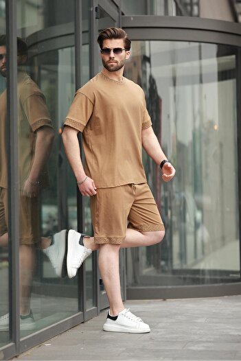 Madmext Cappuccino Printed 100% Cotton Men's Shorts T-Shirt Set E7312