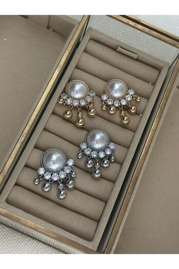 MyladyAccessoriess Special Series Pearl and Stone Detailed Minimal Dangle Earrings Silver