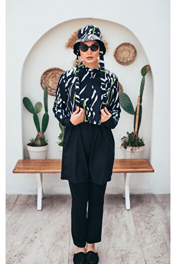 MASSMİZO Zebra Lime Women's Short Patterned Zippered Full Covered Hijab Swimsuit Set of 3