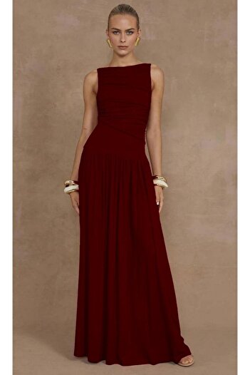 Madmext Burgundy Front Flowy Long Length Women's Dress Mg2364
