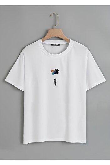 SOFTWAY Unisex Οργανικό Oversize Balloon Astronaut Εκτυπωμένο Basic T-Shirt -Λευκό