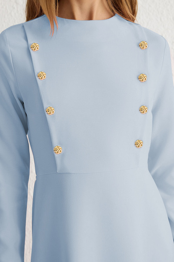 Trendyol Modest Ανοιχτό μπλε φλοράλ υφαντό φόρεμα με κουμπιά TCTSS25EB00032
