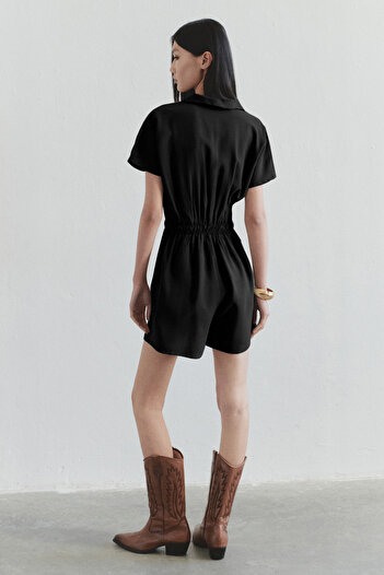 Trendyol Collection Limited Edition Black Elastic Waist Zipper Detailed Mini Woven Jumpsuit Twoss25Tu00026