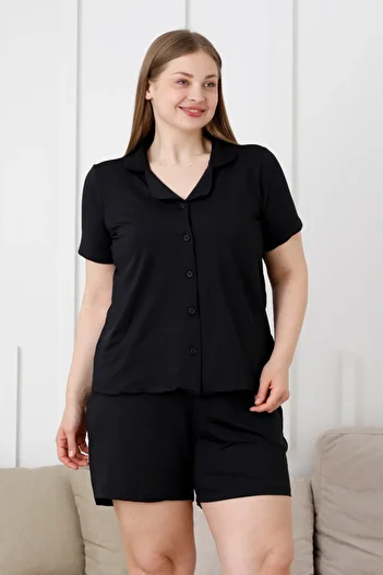 Trendyol Curve Milan Knitted Black Pajamas Set - Shirt Collar Tbbss25Ai00090