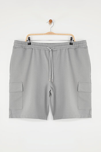 Trendyol Collection Large Size Gray Oversize/Wide Cut Hidden Cord Elastic Waist Cargo Pocket Label Shorts Tmnss25Ap00005