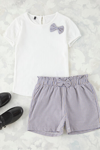 TRENDYOLKIDS Ecru Girl's Cotton Bow Detail T-Shirt-Shorts Knitted Top-Bottom Set Tkdss25Au00062