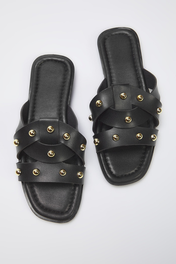 TRENDYOL SHOES Black Gold Trok Stone Women Stylish Slippers Takss25Te00032
