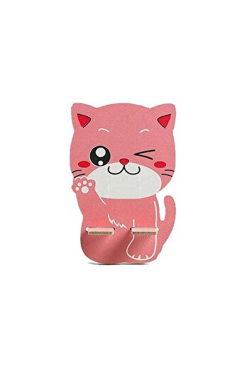 Generic Cute Cat Wooden Mobile Stand - Pink