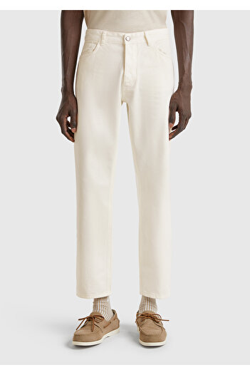 United Colors of Benetton Men's White 100% Cotton Waist Logo Label 5 Pocket Straight Fit Pants
