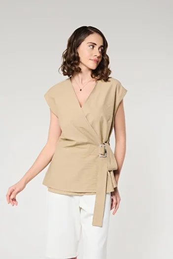 ZYRAH Camel Color Bone Buckle Belt Women's Double Breasted Vest