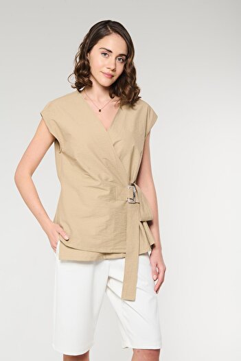 ZYRAH Camel Color Bone Buckle Belt Women's Double Breasted Vest