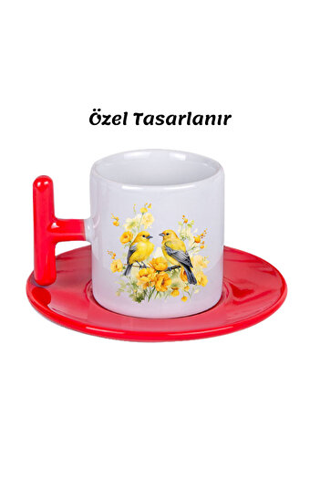 Özel Tasarım Kuş Temalı Porselen T Kulp Türk Kahvesi Fincanı