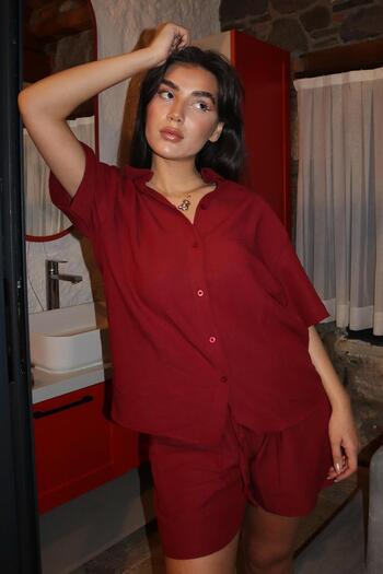 Madmext Burgundy Basic Sister Shorts Shirt Set